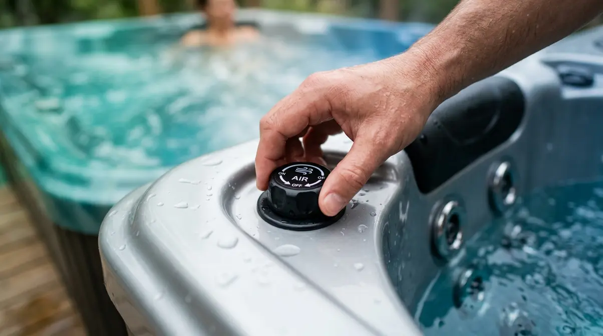 Hand closing hot tub air injection valve fully clockwise before heating cycle begins