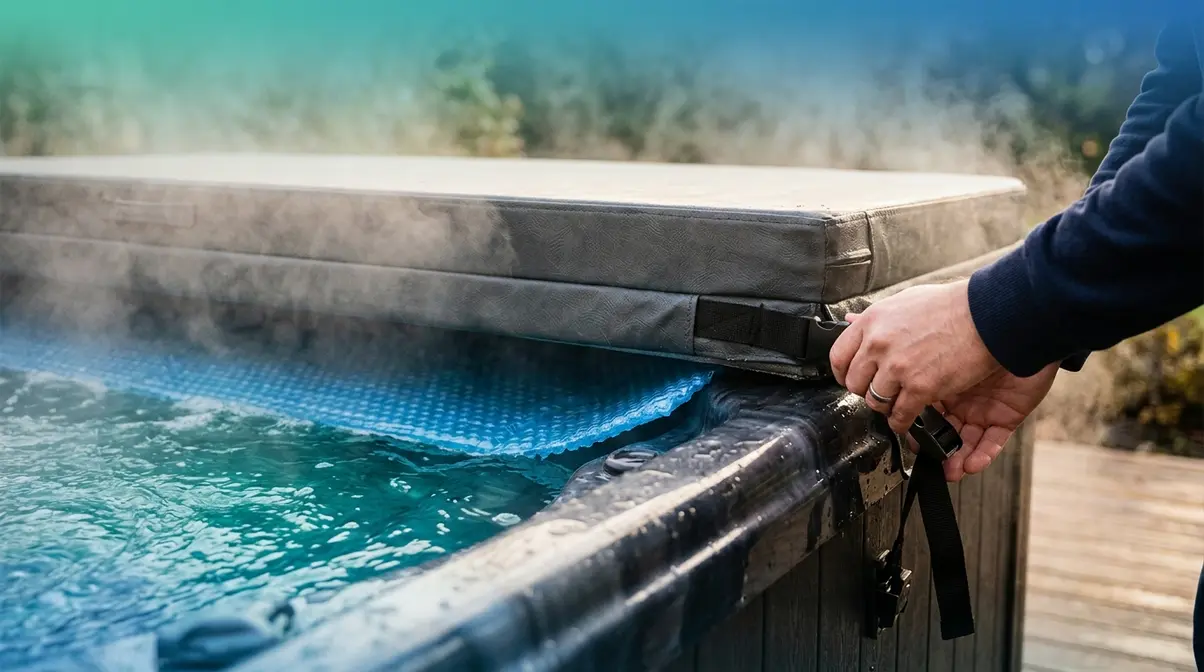 Insulated hot tub cover being placed over steaming tub with floating thermal blanket on water surface