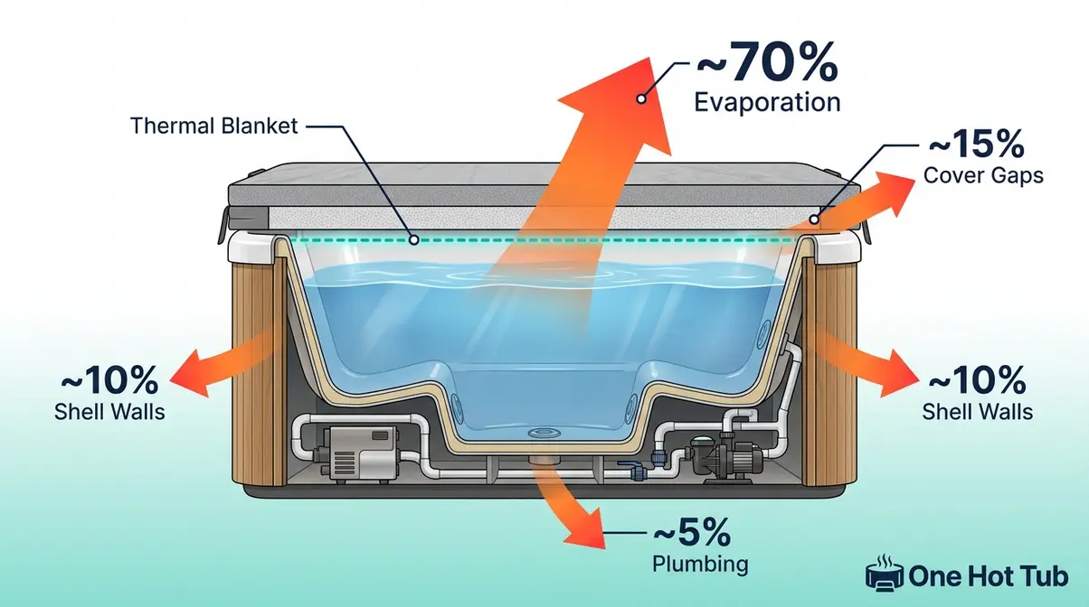 Diagram showing hot tub heat loss pathways including evaporation, cover gaps, shell walls, and plumbing