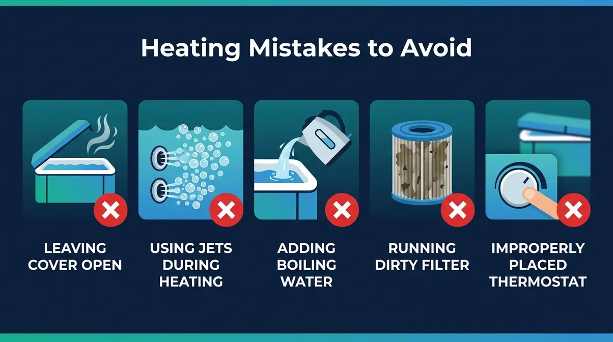 Five common hot tub heating mistakes illustrated including open cover, running jets, and dirty filter
