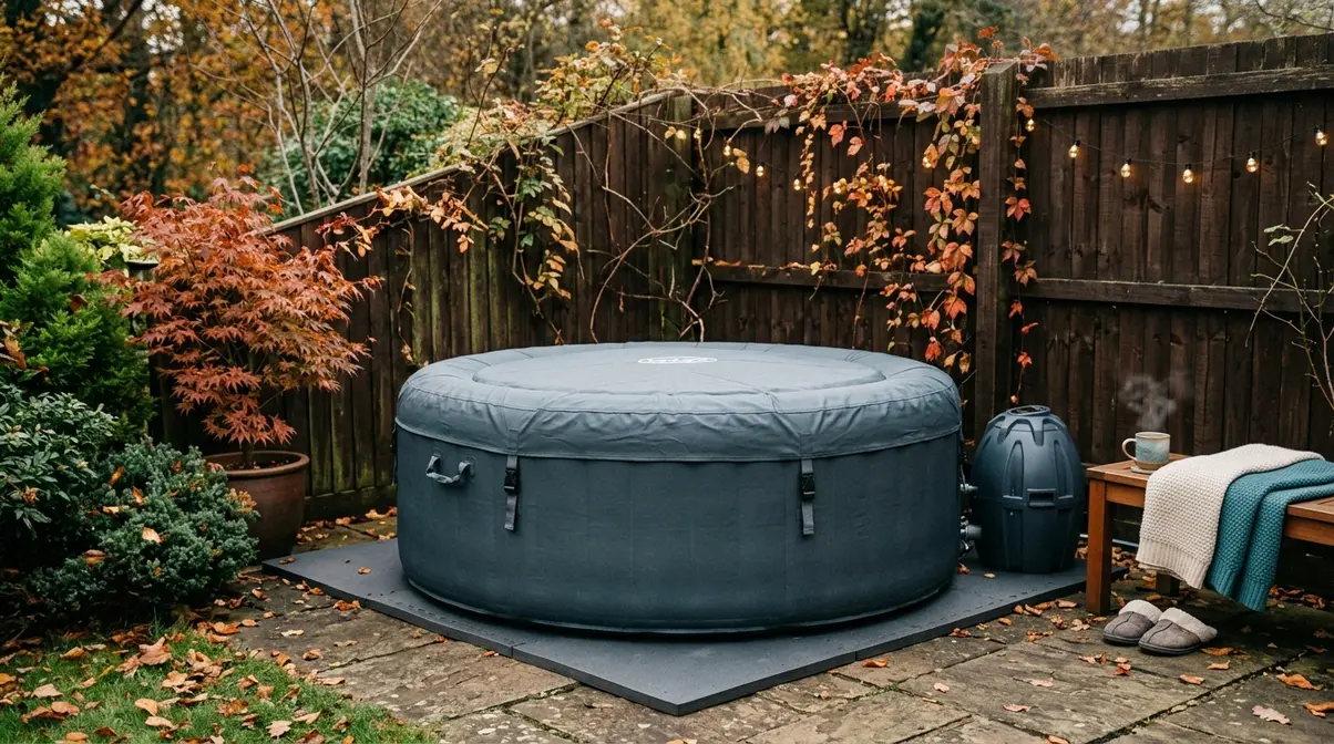 Inflatable hot tub with insulating ground mat and exterior thermal wrap in sheltered garden setting