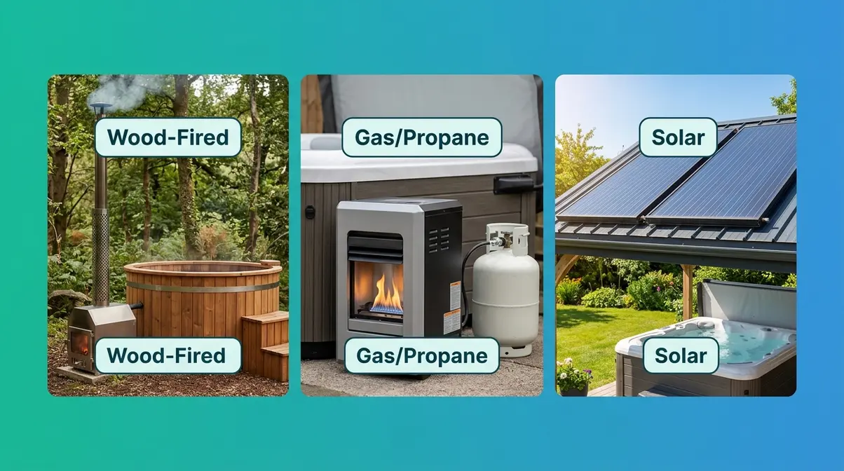 Three off-grid hot tub heating options: wood-fired stove, gas propane heater, and solar thermal panels