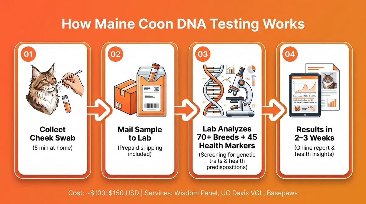 Infographic showing how to collect a DNA sample from a Maine Coon kitten for breed testing