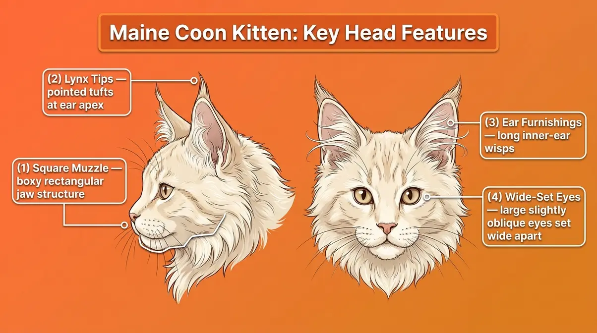 Anatomy diagram of a Maine Coon kitten labeling square muzzle, lynx tips, and wide-set eyes