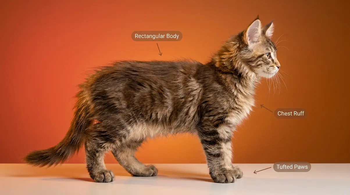 8-week Maine Coon kitten showing rectangular body, shaggy coat, and tufted snowshoe paws