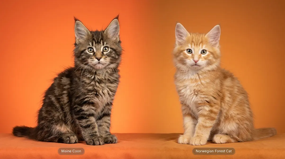 Maine Coon kitten versus Norwegian Forest Cat kitten showing key physical differences side by side