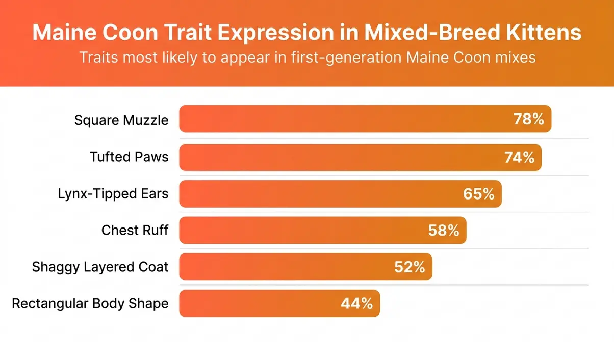 Bar chart showing Maine Coon trait dominance in mixed breed kittens, ranked by how often each trait appears