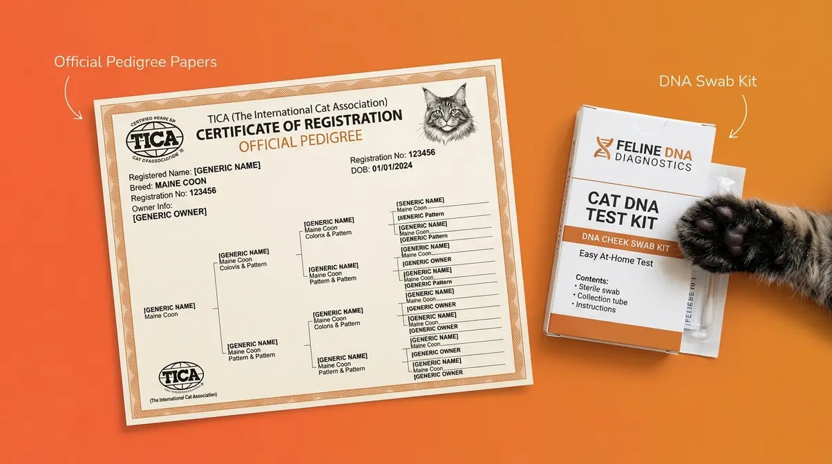 Maine Coon kitten pedigree certificate and DNA test kit for breed confirmation