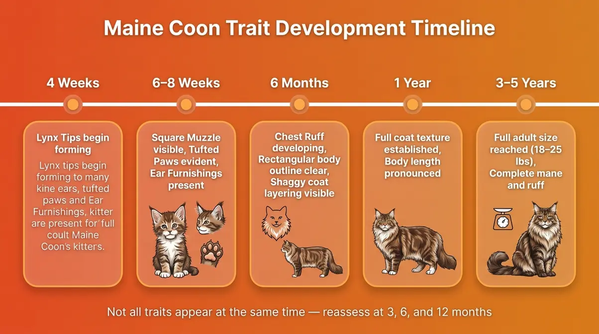 Maine Coon kitten trait development timeline from 4 weeks to 3 years showing when key features emerge