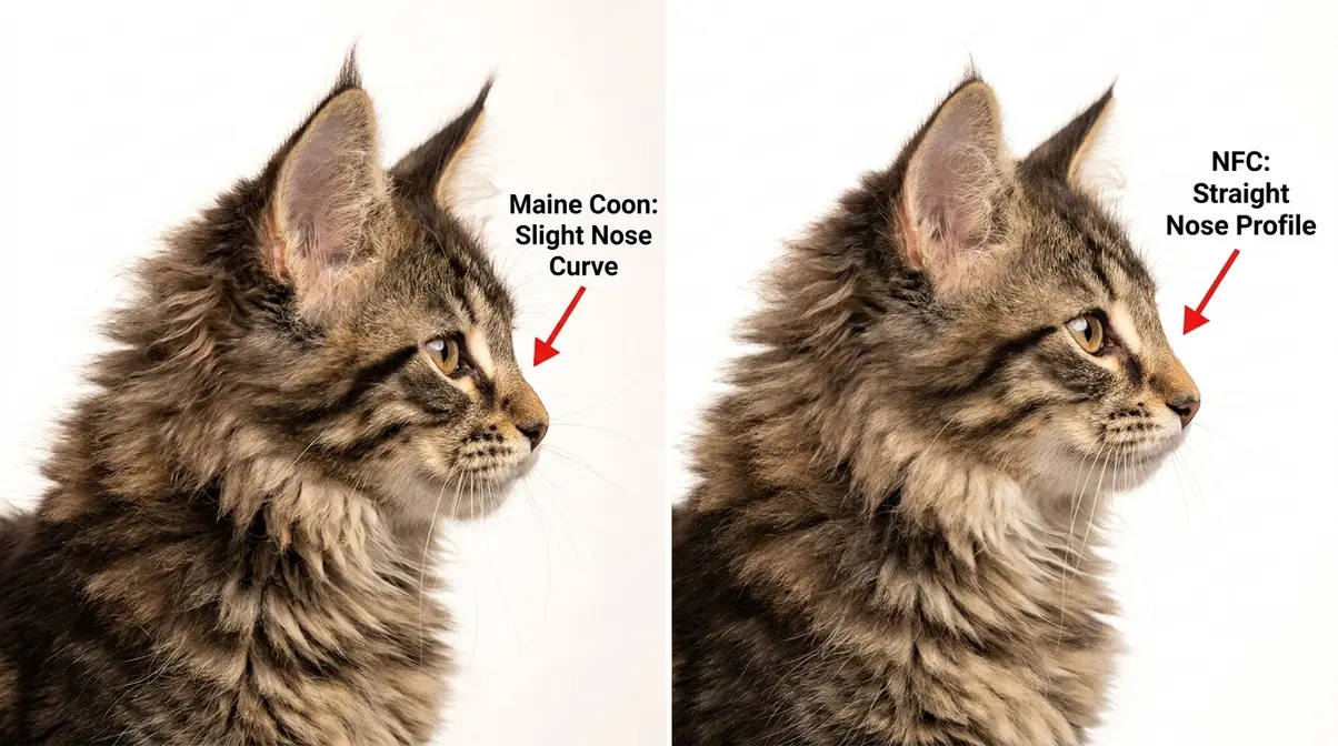 Profile comparison of Maine Coon kitten versus Norwegian Forest Cat kitten showing nose curve difference