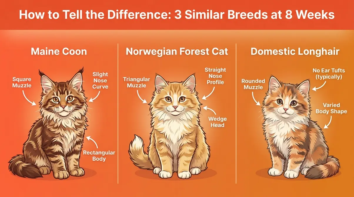 Side-by-side comparison of Maine Coon kitten, Norwegian Forest Cat kitten, and Domestic Longhair kitten showing key differences