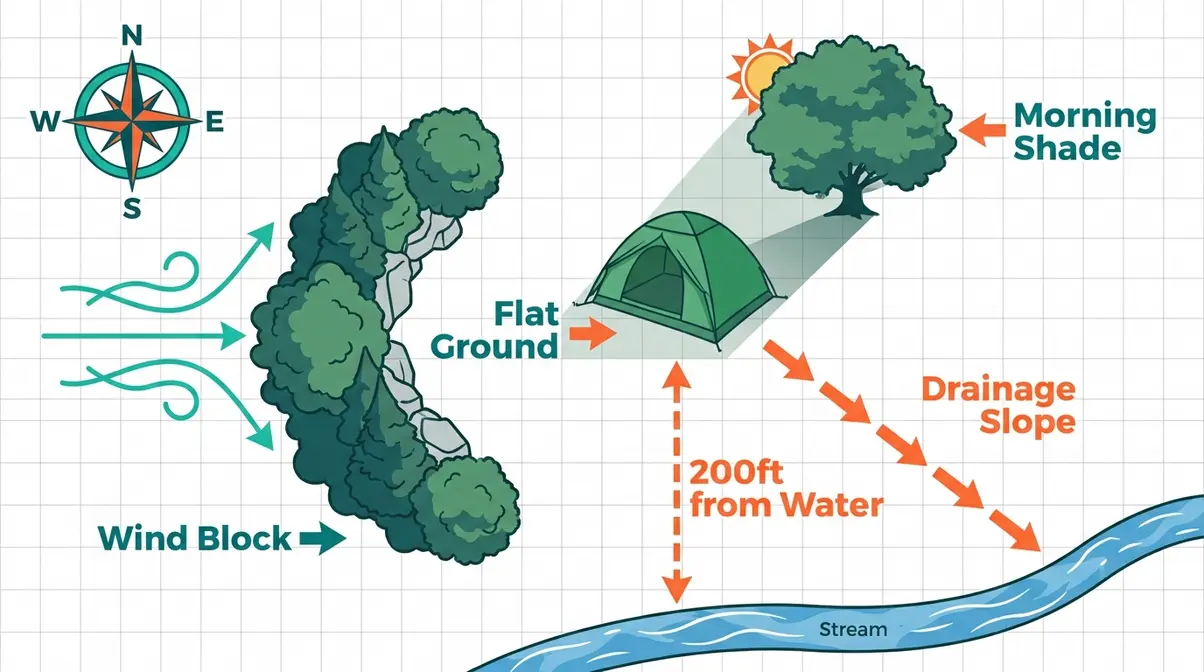 Overhead campsite layout diagram showing flat ground, wind block, shade, and drainage slope for tent comfort