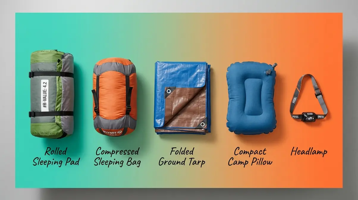 Five essential tent camping comfort items laid flat including sleeping pad, bag, tarp, pillow, and headlamp