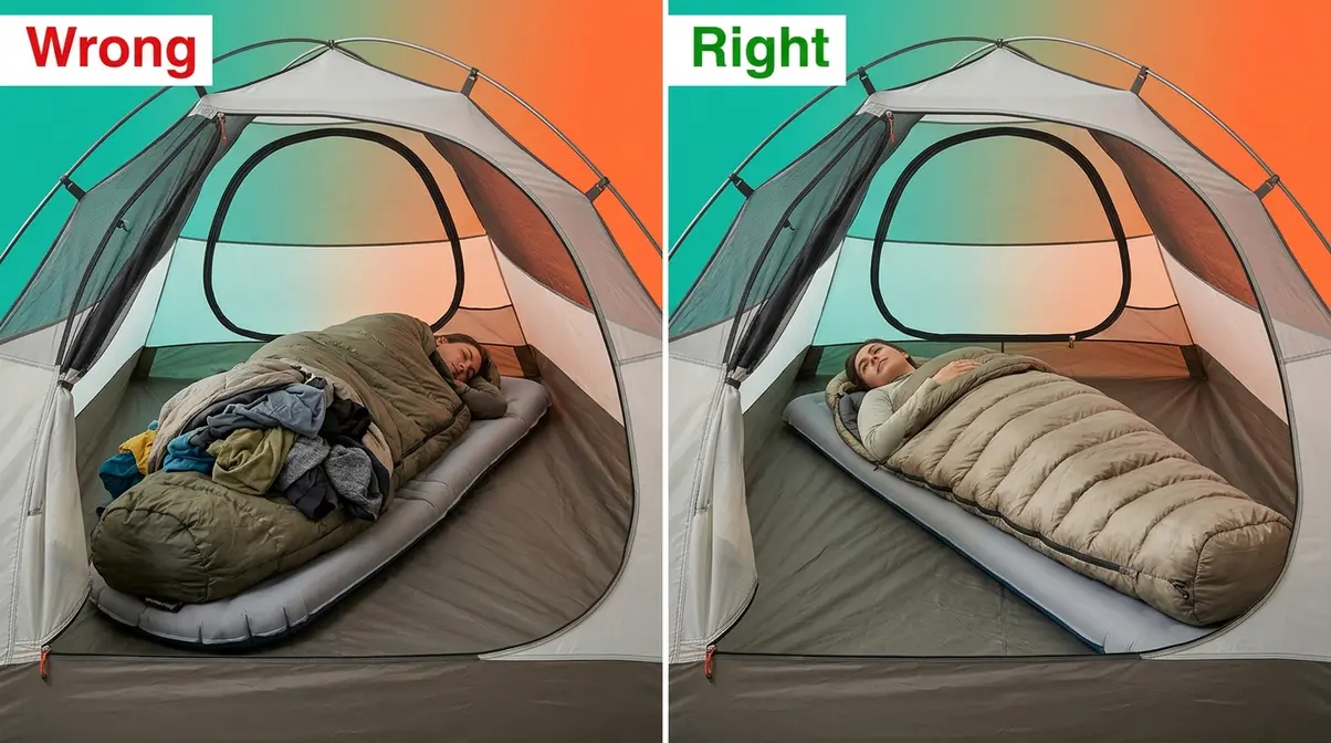Side-by-side comparison of wrong and right tent sleeping setup showing common beginner comfort mistakes