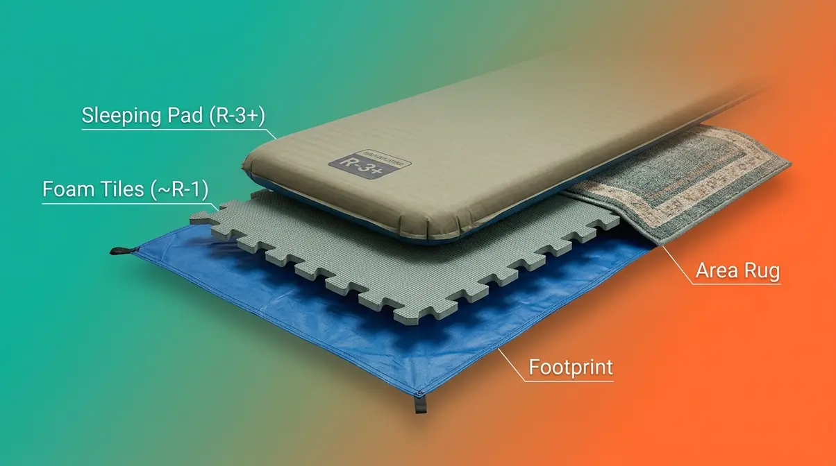 Cross-section of tent floor insulation layers showing footprint, foam tiles, and sleeping pad stacked