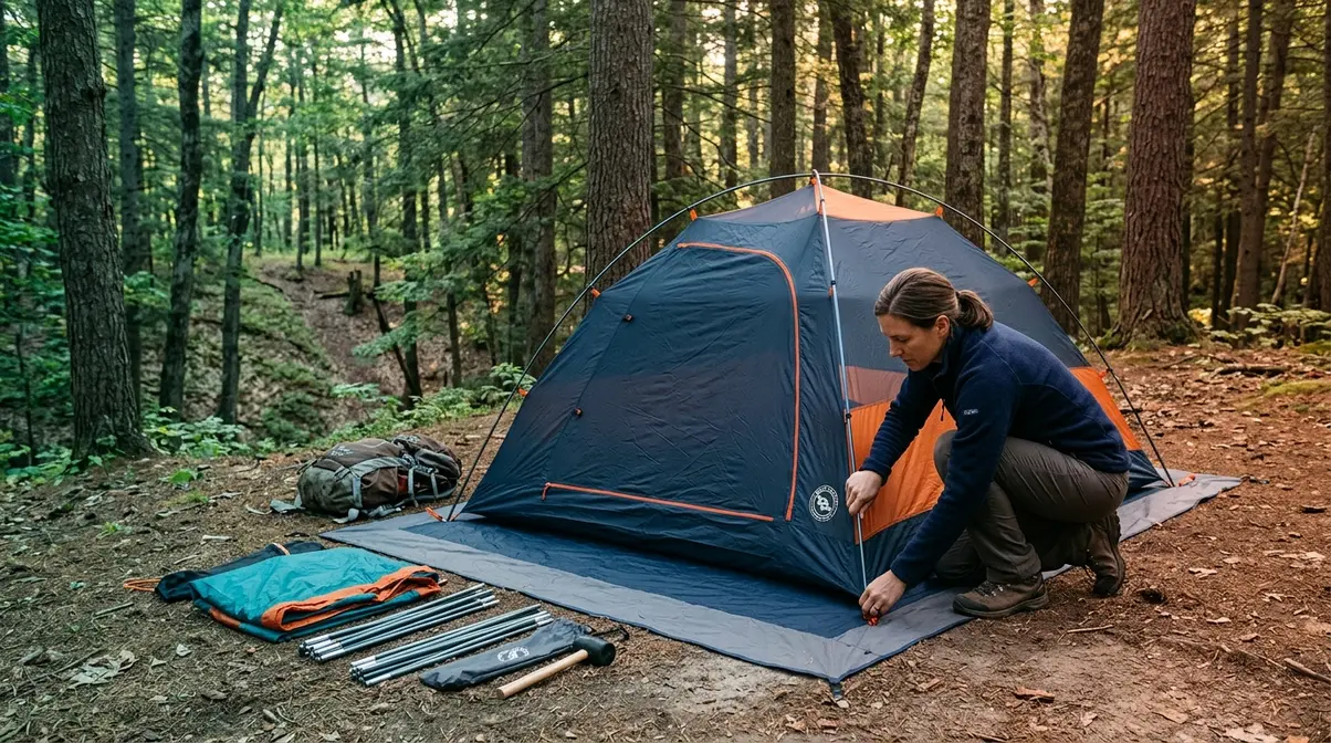 Camper pitching a dome tent on flat shaded campsite with organized poles and footprint laid out