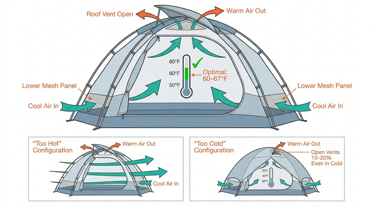 Cross-section diagram showing tent vent positions and airflow patterns for managing tent temperature
