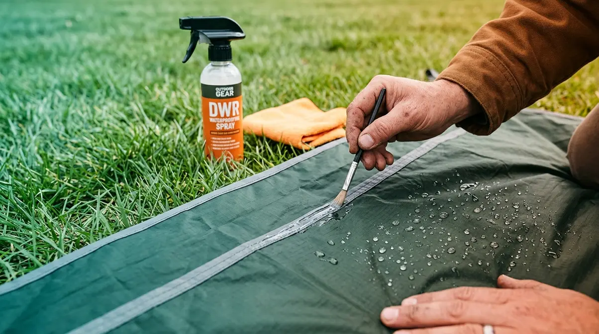 Person applying seam sealer to tent rainfly seams with DWR spray and microfiber cloth nearby