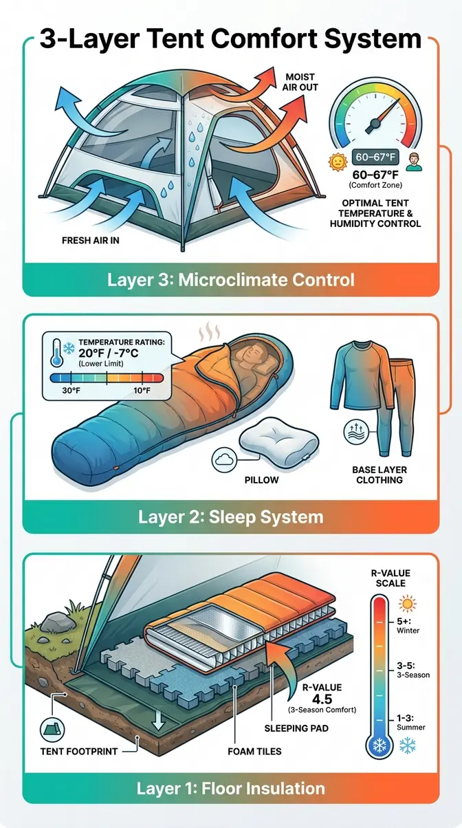 Infographic of the 3-layer tent comfort system showing floor insulation, sleep system, and microclimate control