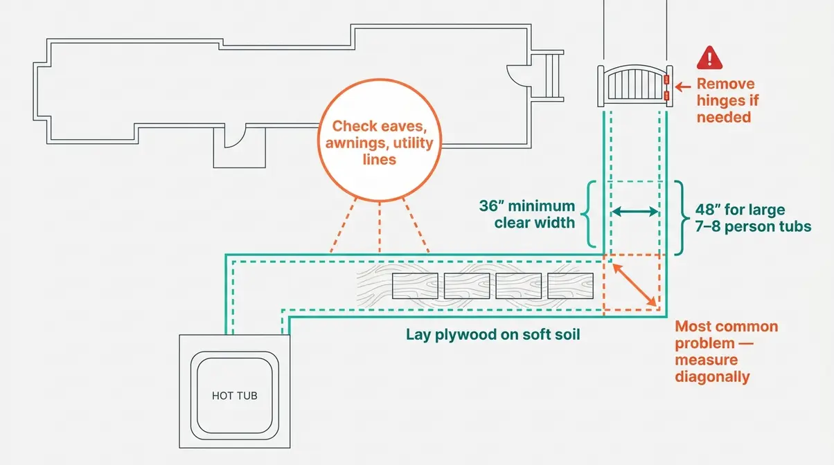 How to Install a Hot Tub: Step-by-Step Guide (2026) 18 Hot tub delivery path clearance diagram showing 36-inch minimum width, gate check, and corner measurements