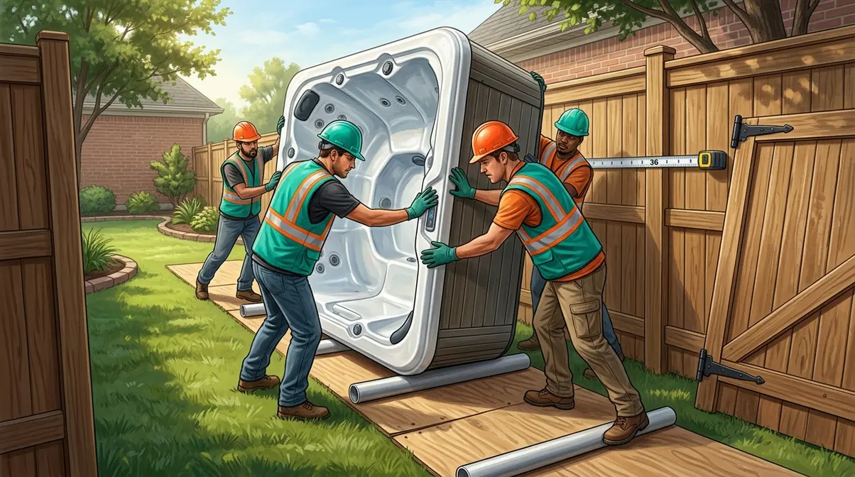 How to Install a Hot Tub: Step-by-Step Guide (2026) 14 Four-person team moving hot tub on pipe rollers through residential side yard delivery path