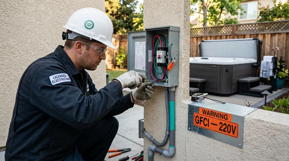 How to Install a Hot Tub: Step-by-Step Guide (2026) 15 Licensed electrician installing GFCI disconnect box for hot tub electrical supply on exterior wall