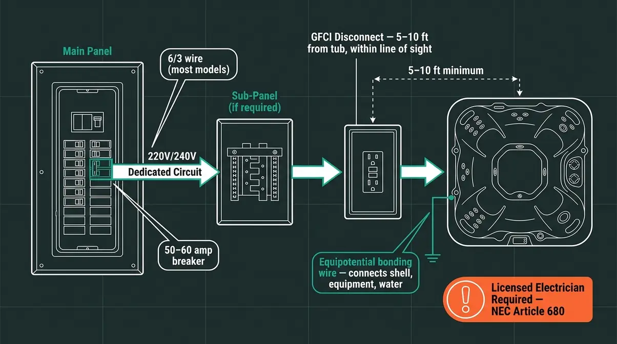 How to Install a Hot Tub: Step-by-Step Guide (2026) 16 Hot tub installation electrical wiring diagram showing NEC Article 680 compliant layout with GFCI disconnect