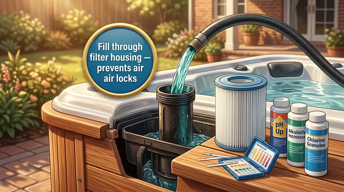 How to Install a Hot Tub: Step-by-Step Guide (2026) 17 Garden hose inserted into hot tub filter housing standpipe for correct first fill to prevent air locks