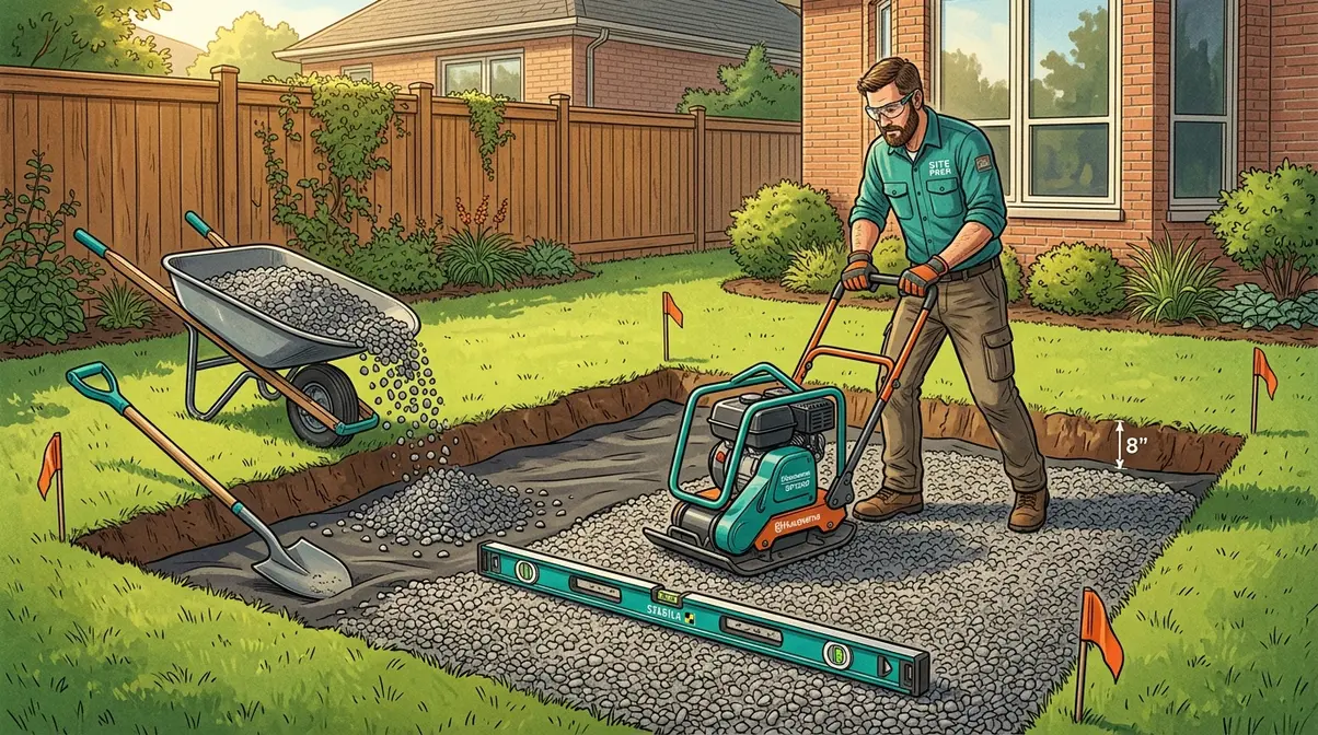 How to Install a Hot Tub: Step-by-Step Guide (2026) 12 Homeowner preparing compacted gravel base for hot tub installation with plate compactor and 4-foot level
