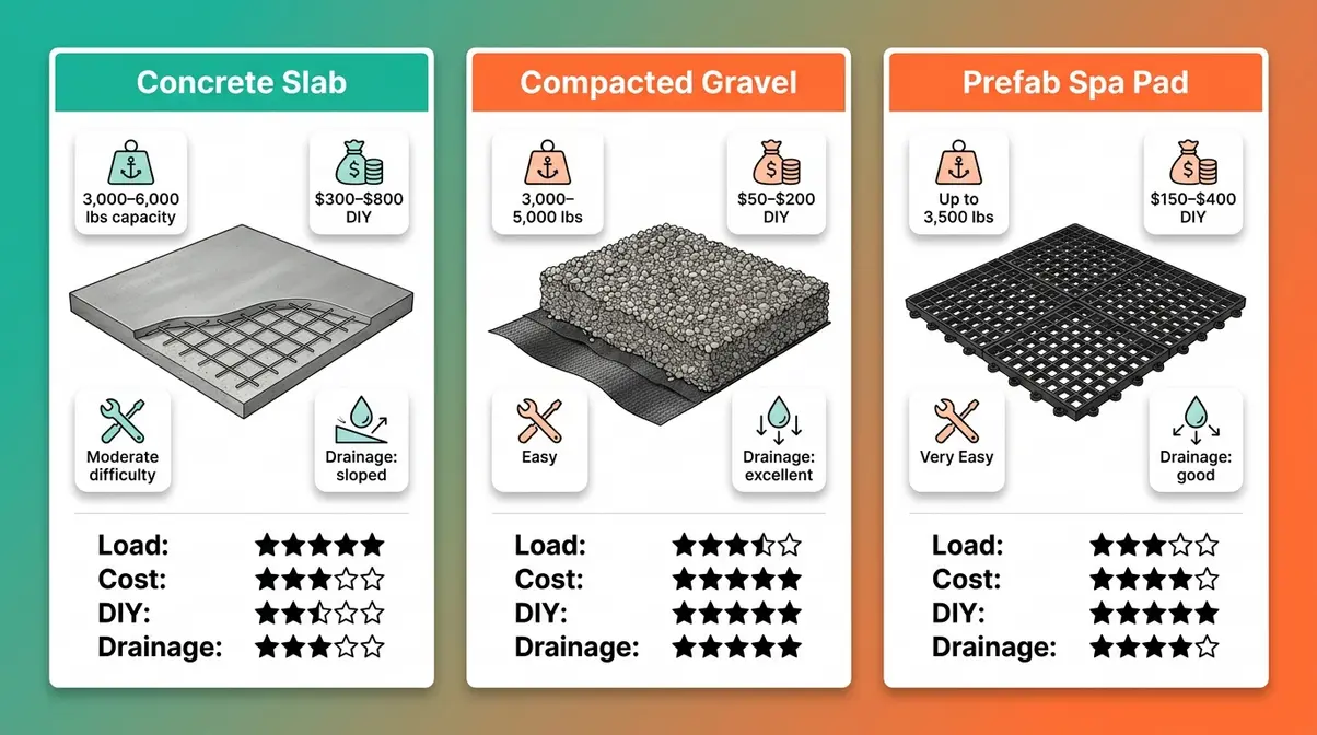 How to Install a Hot Tub: Step-by-Step Guide (2026) 13 Hot tub installation foundation types comparison — concrete slab, gravel base, and prefab spa pad