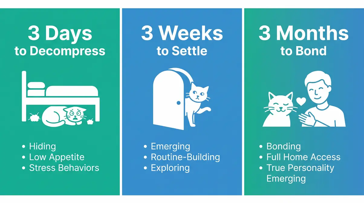 Infographic explaining the 3-3-3 rule for how to introduce a cat to a new home across three phases