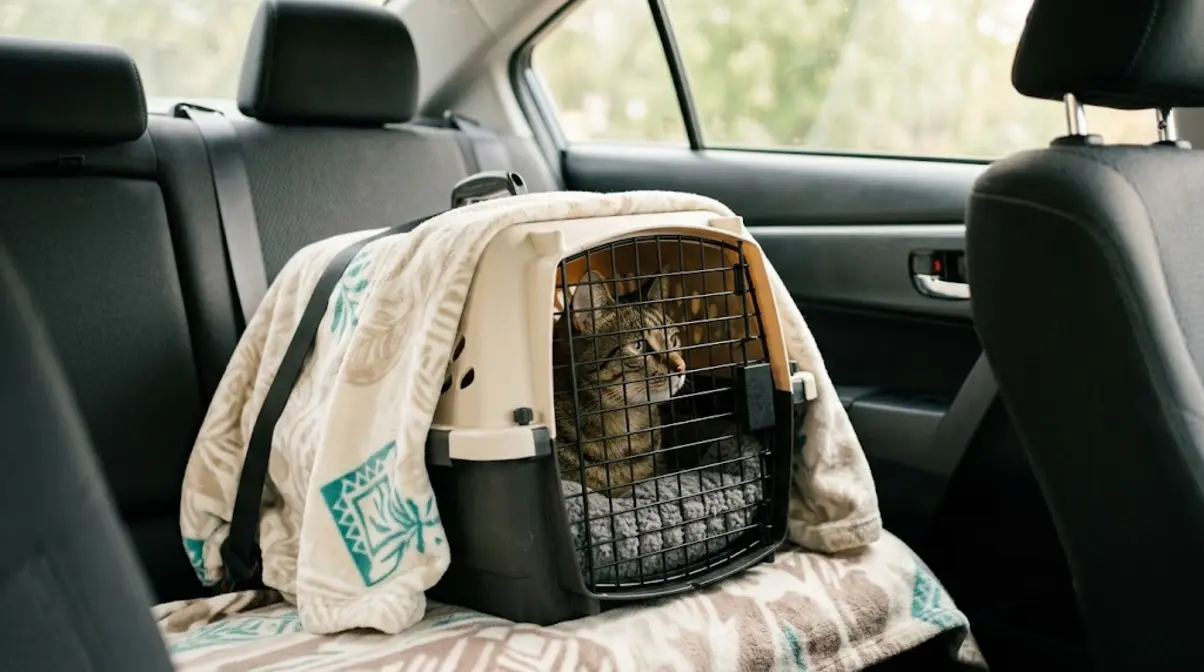 Cat carrier covered with a light blanket on a car seat during moving day transport