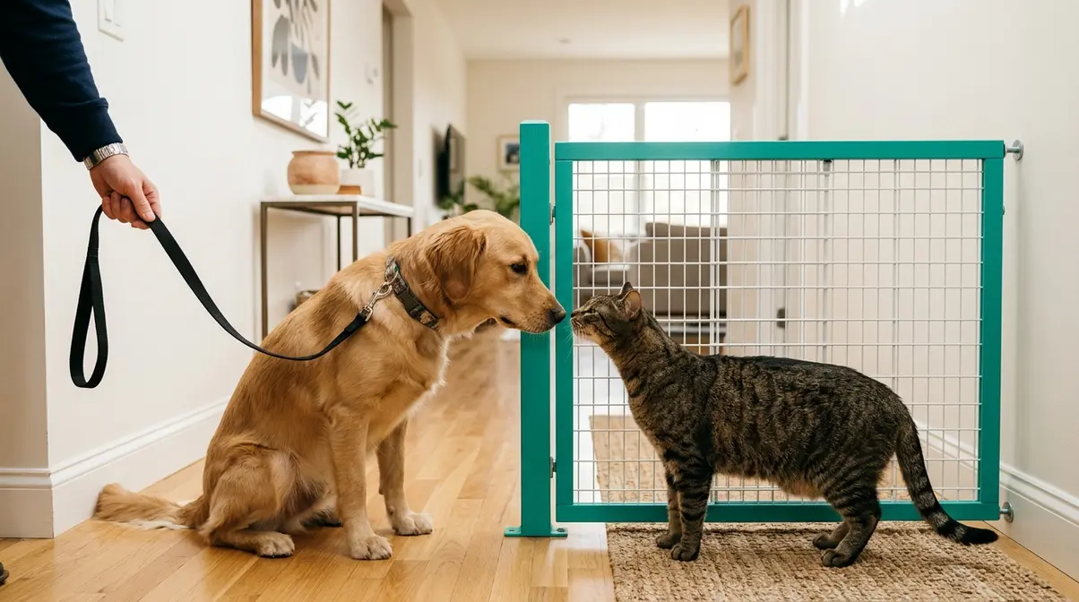 Cat and dog meeting through a baby gate during a structured first introduction with dog on leash