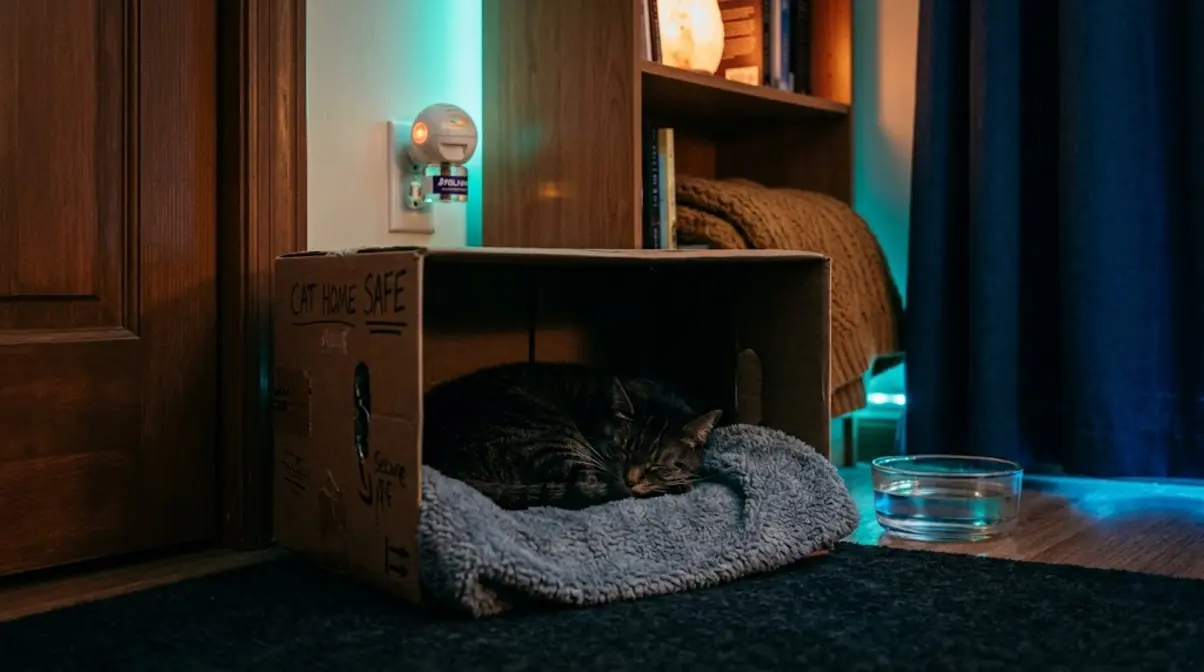 Cat sleeping peacefully in a cardboard box hiding spot on their first night in a new home