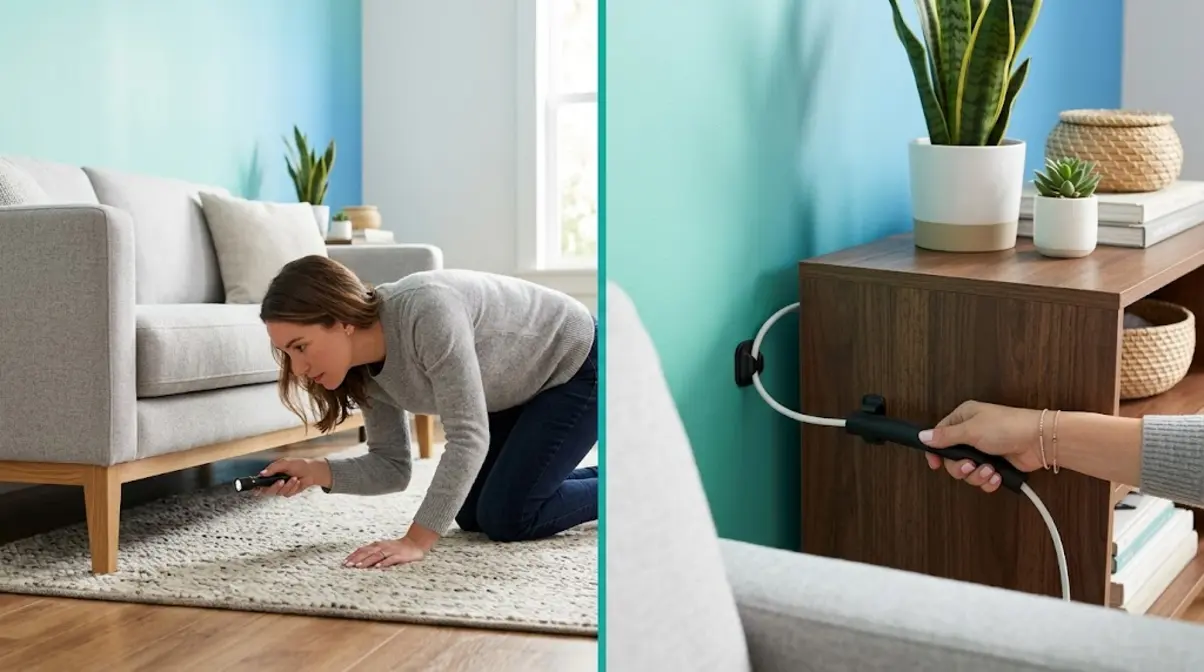 Person cat-proofing a home at floor level checking for hazards before a new cat arrives