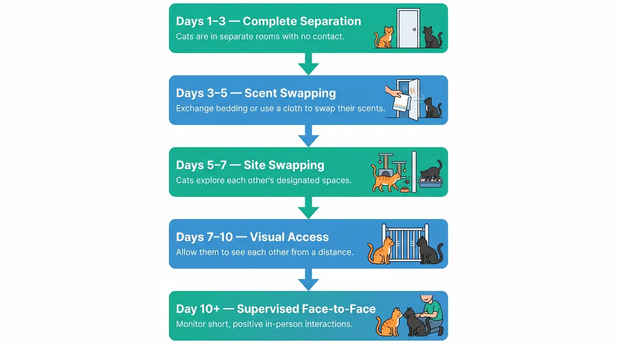 Cat introduction flowchart showing scent swapping and gradual visual access steps over ten days