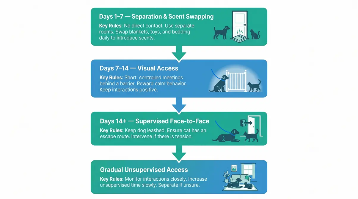 Dog and cat introduction flowchart showing leashed visual access and supervised face-to-face phases