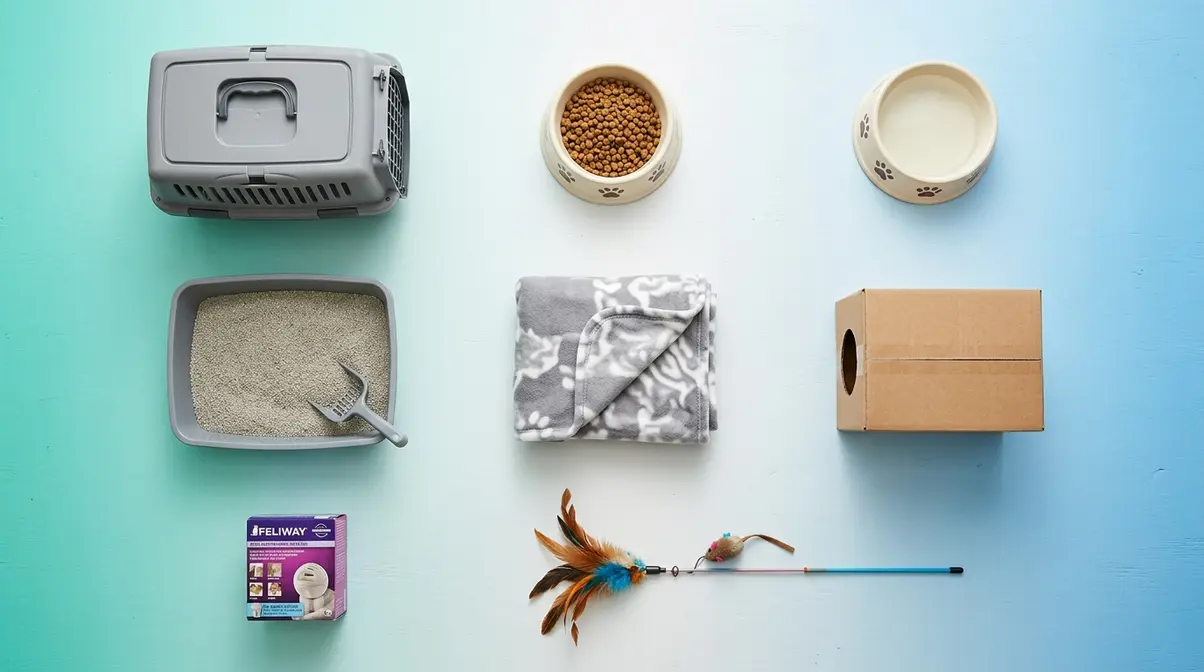Eight essential cat supplies laid out before bringing a new cat home including carrier and litter box