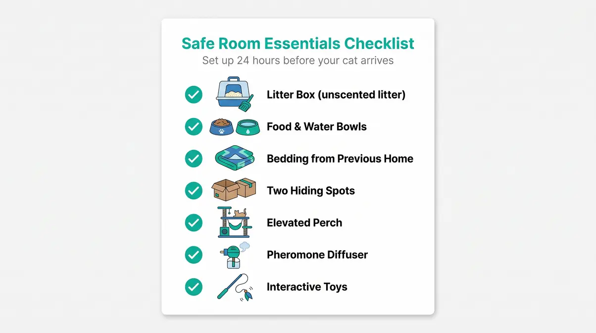 Safe room checklist for introducing a cat to a new home showing all seven essential items with icons