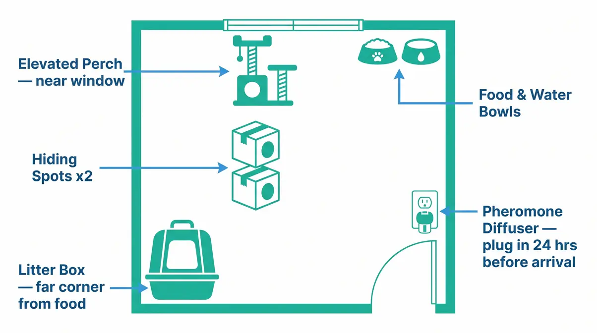 Diagram showing how to introduce a cat to a new home using a safe room setup with annotated layout