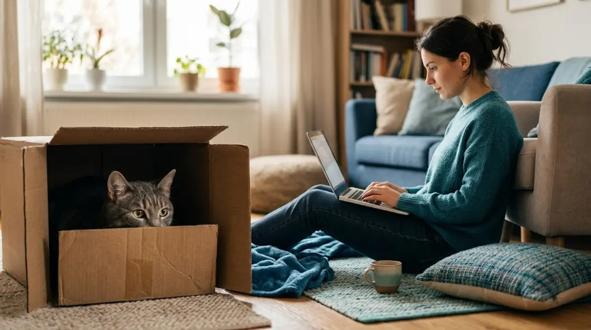 Shy cat peeking from a hiding spot while a person sits calmly nearby without making eye contact