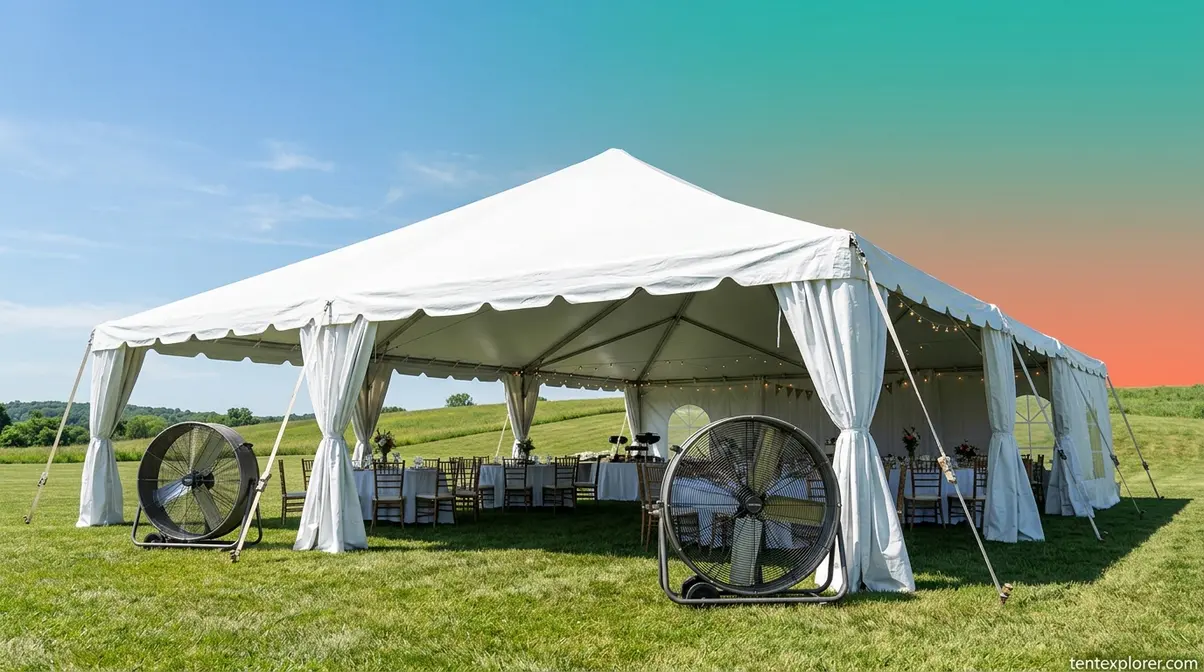 Large white party canopy tent set up with industrial pedestal fans for cooling