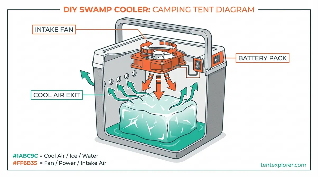DIY swamp cooler diagram showing cooler with fan in lid, side vent holes, and ice inside for tent cooling