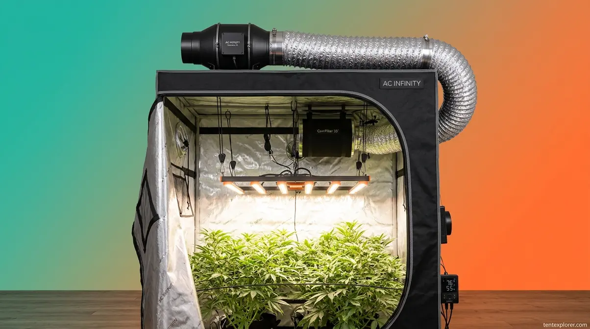 Indoor grow tent setup featuring an inline exhaust fan and silver ducting