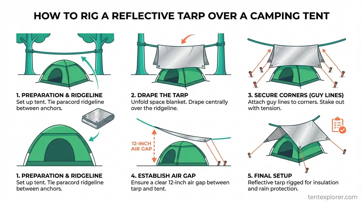 Reflective tarp rigging infographic showing 12-inch air gap above tent with paracord ridgeline and guy lines for tent cooling