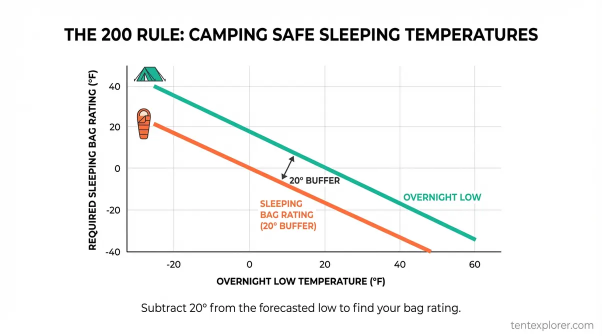 Camping temperature safety chart showing 200 Rule sleeping bag ratings for summer and shoulder-season overnight lows