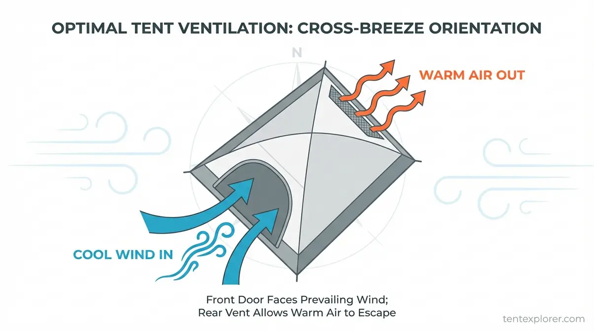 Cross-breeze ventilation diagram showing how to keep a tent cool with tent door facing wind and opposite vent open for airflow