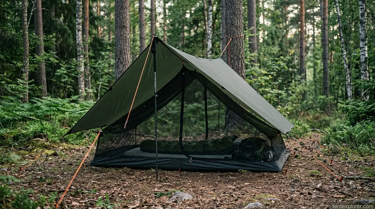 A-frame tarp shelter with an integrated fine mesh bug net securely staked to ground