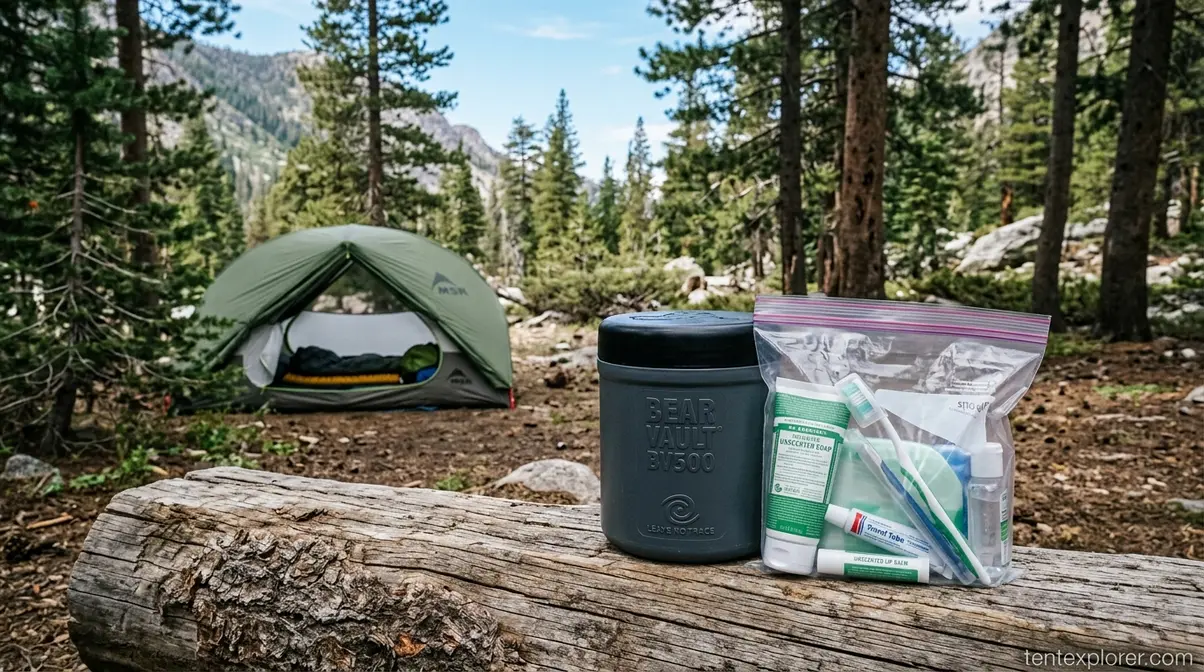 Sealed bear canister and unscented toiletries placed safely away from the sleeping tent