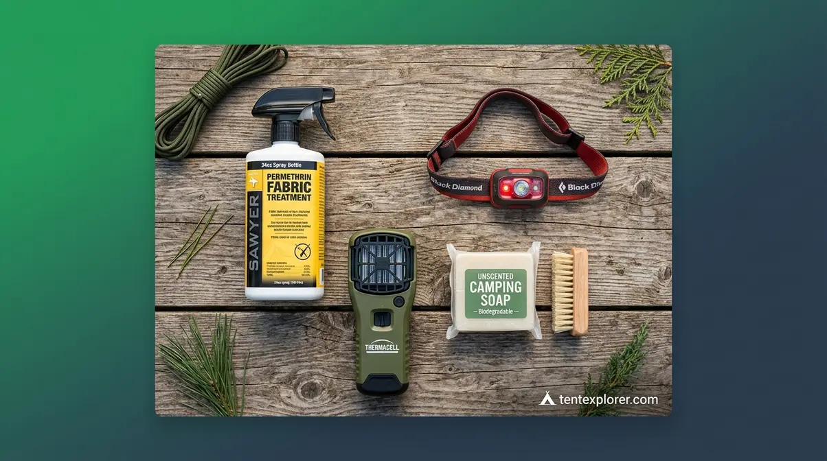 Flat lay of bug-proof camping gear including permethrin spray, red headlamp, and Thermacell device